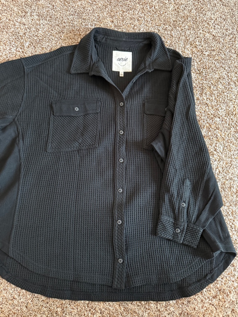 aerie Black Waffle Knit Button-Down Shirt